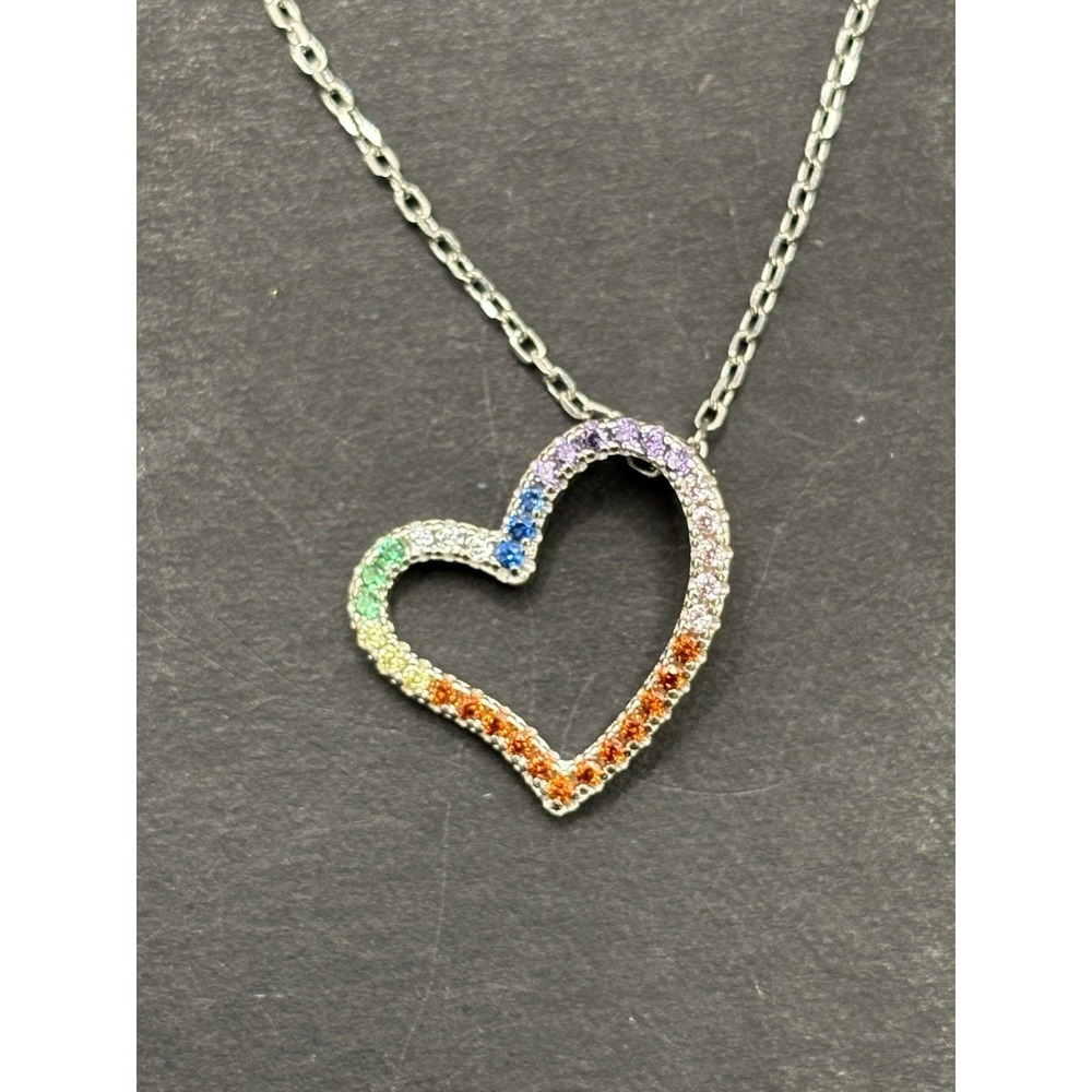 NewCondition 18" Sterling Silver RainbowCubicZirconia Heart Pendant Necklace H17